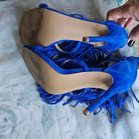 Steve Madden Fringly Cobalt Blue Fringe Suede Heels - Picture 5 of 5